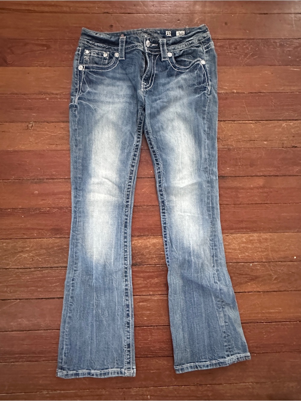 Miss Me Blue Flare Jeans with Faded Whiskering